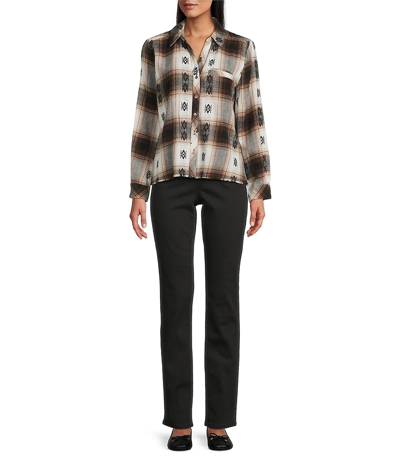 Westbound Petite Long Sleeve Y-Neck Button Front Top