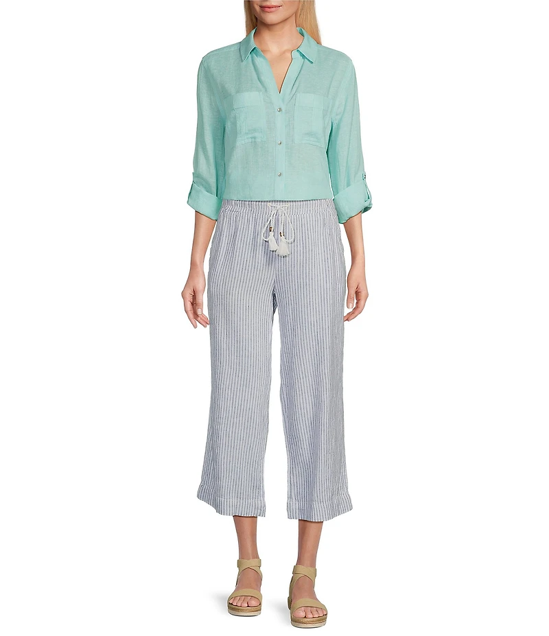 Westbound Petite Size 3/4 Roll-Tab Sleeve Point Collar Y-Neck Button Front Shirt