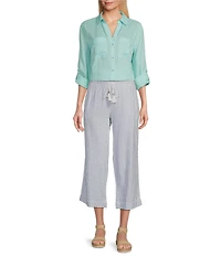 Westbound Petite Size 3/4 Roll-Tab Sleeve Point Collar Y-Neck Button Front Shirt