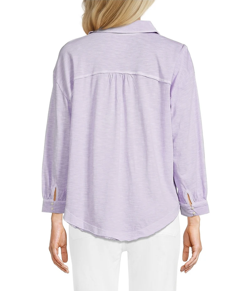 Westbound Petite Size 3/4 Sleeve V Neck Collared Slub Knit Top