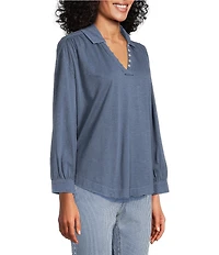 Westbound Petite Size 3/4 Sleeve V Neck Collared Slub Knit Top