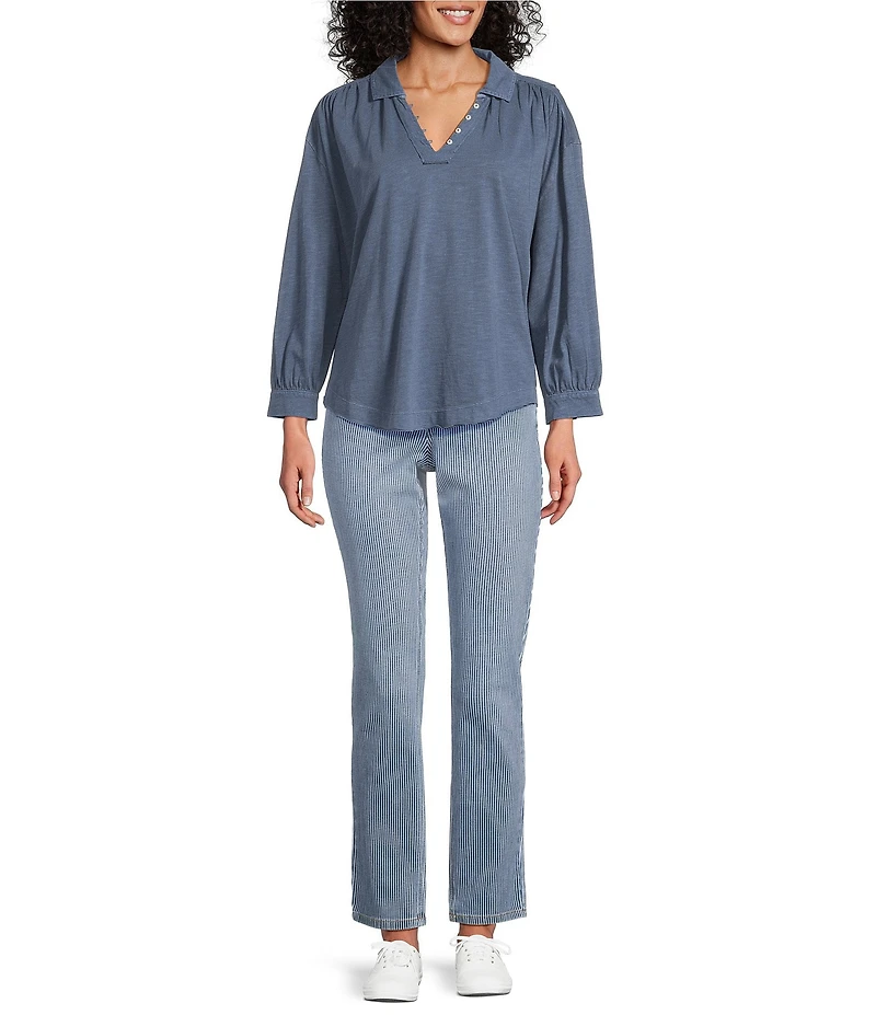 Westbound Petite Size 3/4 Sleeve V Neck Collared Slub Knit Top