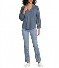 Westbound Petite Size 3/4 Sleeve V Neck Collared Slub Knit Top