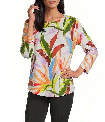 Westbound Petite Size Birds Of Paradise 3/4 Sleeve Knit Crew Neck Top