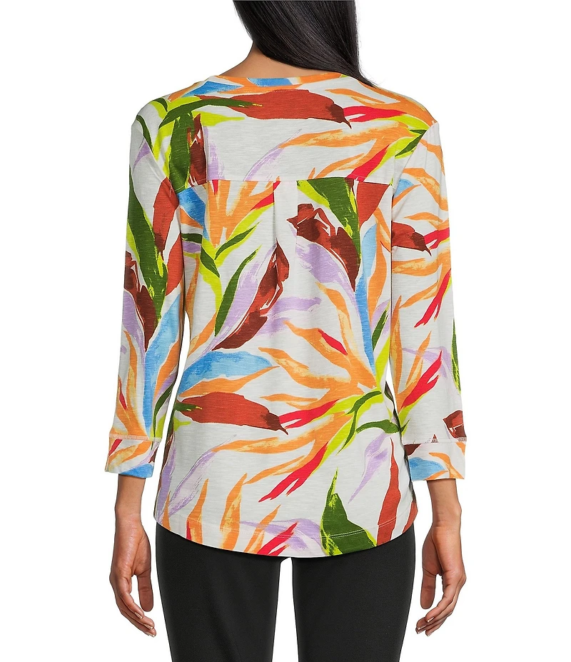 Westbound Petite Size Birds Of Paradise 3/4 Sleeve Knit Crew Neck Top