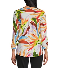 Westbound Petite Size Birds Of Paradise 3/4 Sleeve Knit Crew Neck Top