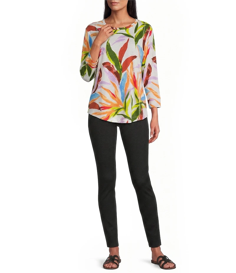 Westbound Petite Size Birds Of Paradise 3/4 Sleeve Knit Crew Neck Top