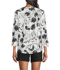 Westbound Petite Size Black Ink Floral 3/4 Sleeve Knit Crew Neck Top