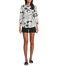 Westbound Petite Size Black Ink Floral 3/4 Sleeve Knit Crew Neck Top