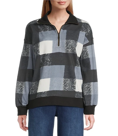 Westbound Petite Size Black White Textured Buffalo Long Sleeve Quarter Zip Pullover