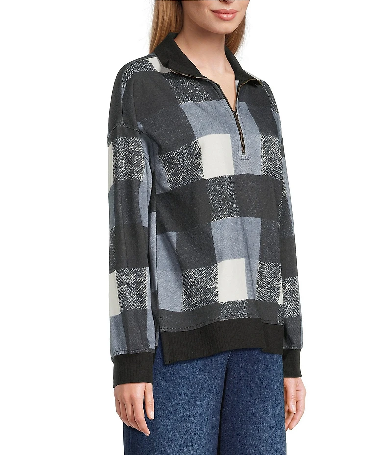 Westbound Petite Size Black White Textured Buffalo Long Sleeve Quarter Zip Pullover