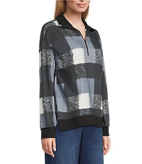 Westbound Petite Size Black White Textured Buffalo Long Sleeve Quarter Zip Pullover