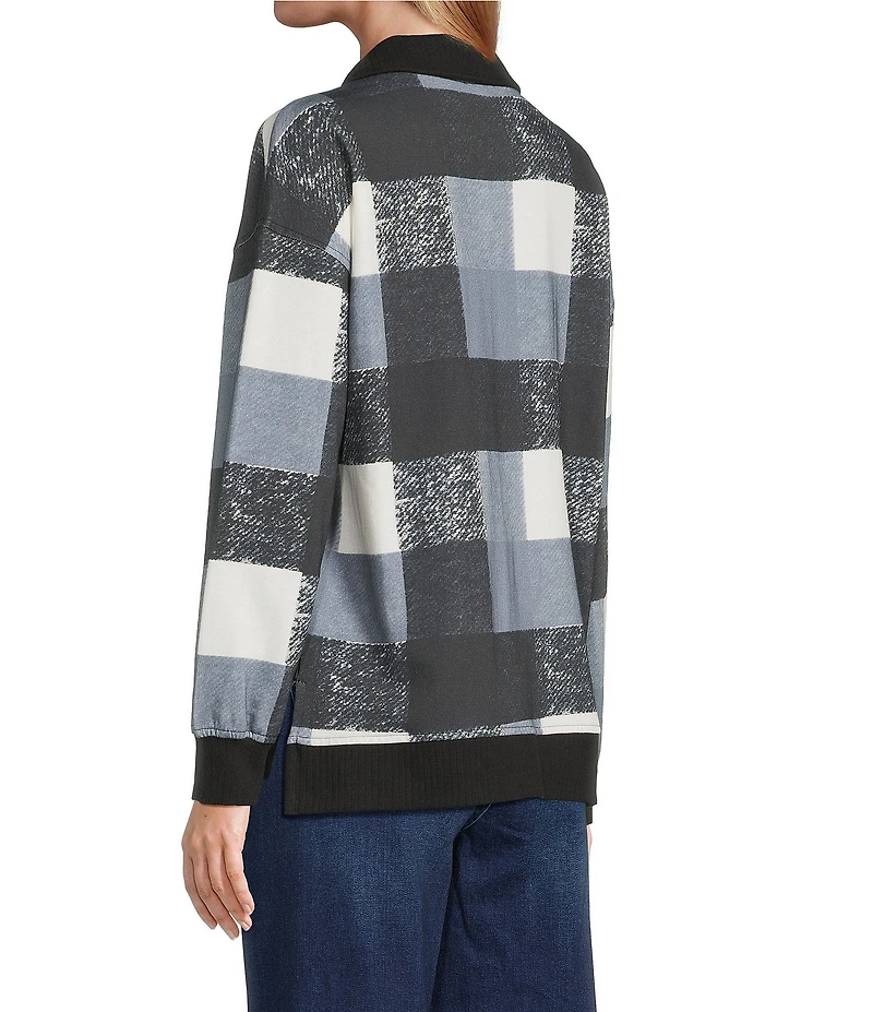 Westbound Petite Size Black White Textured Buffalo Long Sleeve Quarter Zip Pullover