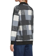 Westbound Petite Size Black White Textured Buffalo Long Sleeve Quarter Zip Pullover