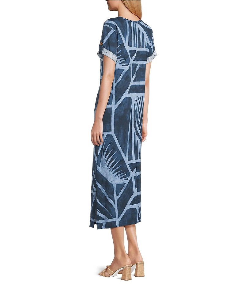 Westbound Petite Size Blue Geo Tex Short Sleeve V-Neck Midi Shift Dress