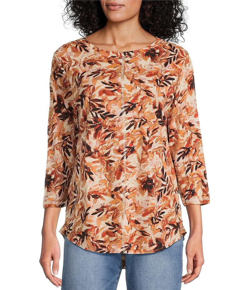 Westbound Petite Size Butter Cream Falls Leaves 3/4 Sleeve Crew Neck Knit Top