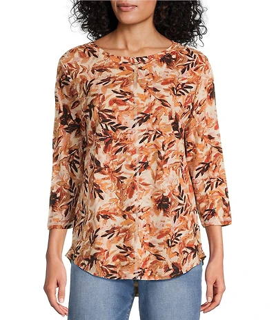 Westbound Petite Size Butter Cream Falls Leaves 3/4 Sleeve Crew Neck Knit Top