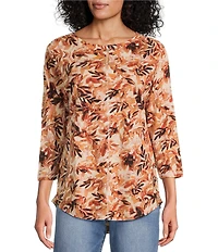 Westbound Petite Size Butter Cream Falls Leaves 3/4 Sleeve Crew Neck Knit Top