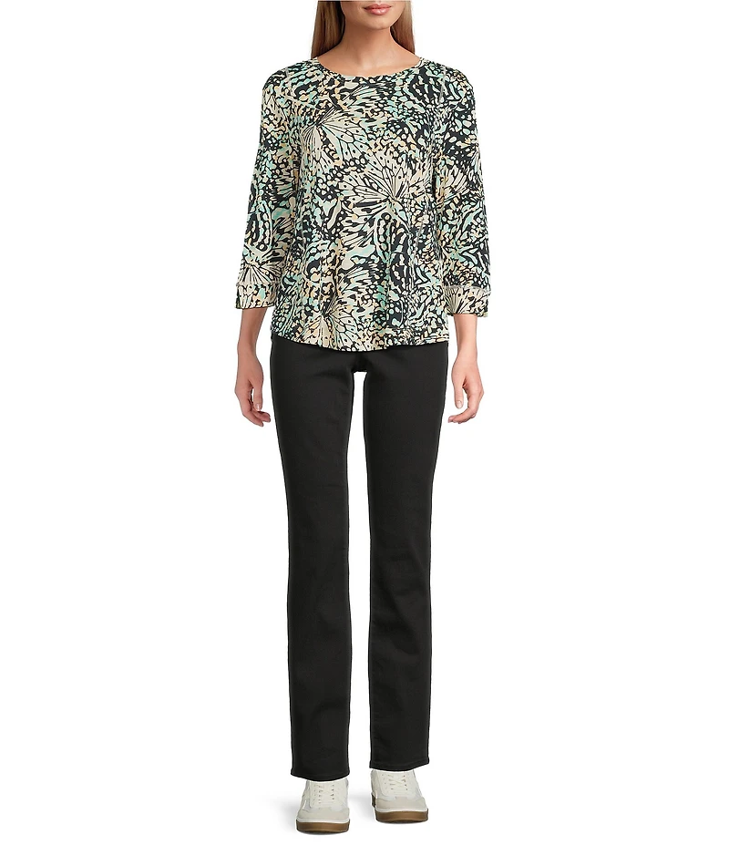 Westbound Petite Size Cabbage Butterfly Wing 3/4 Sleeve Knit Crew Neck Top