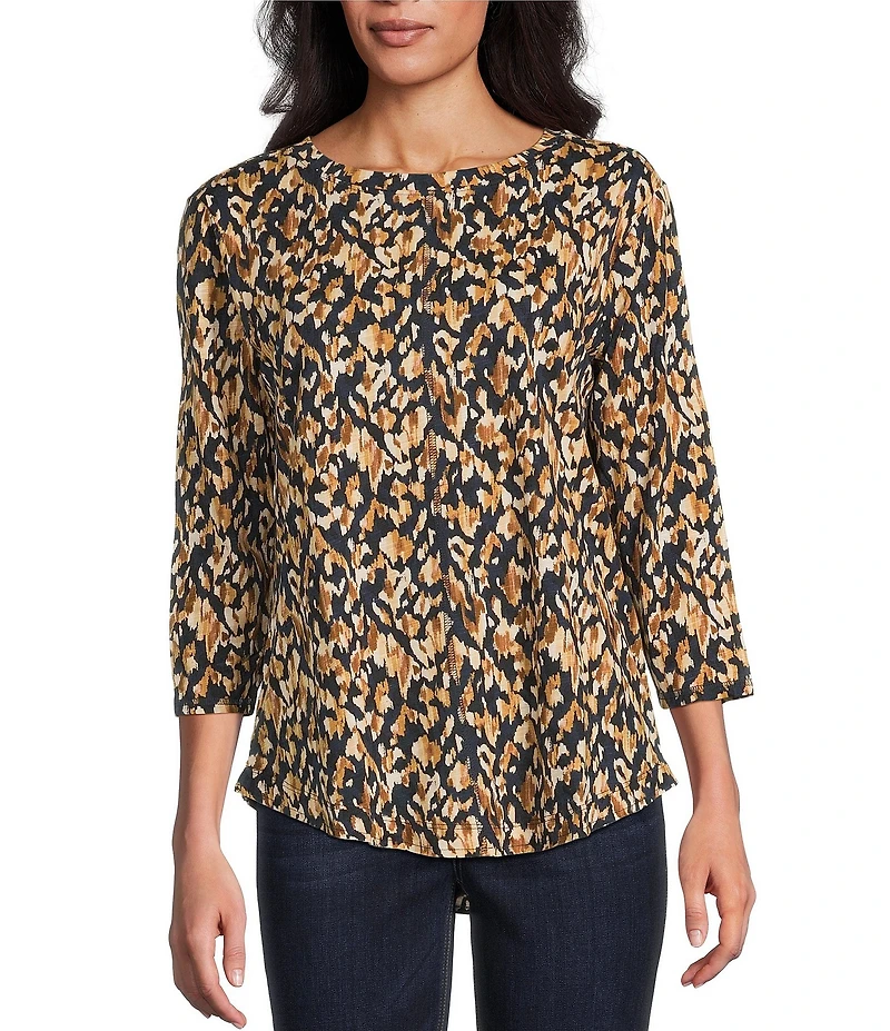 Westbound Petite Size Celestial Chalk Leopard 3/4 Sleeve Crew Neck Knit Top
