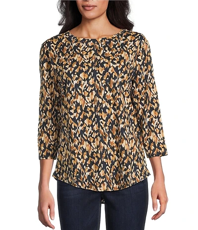 Westbound Petite Size Celestial Chalk Leopard 3/4 Sleeve Crew Neck Knit Top