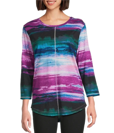 Westbound Petite Size Celestial Imperial Harbor Sunset 3/4 Sleeve Crew Neck Knit Top