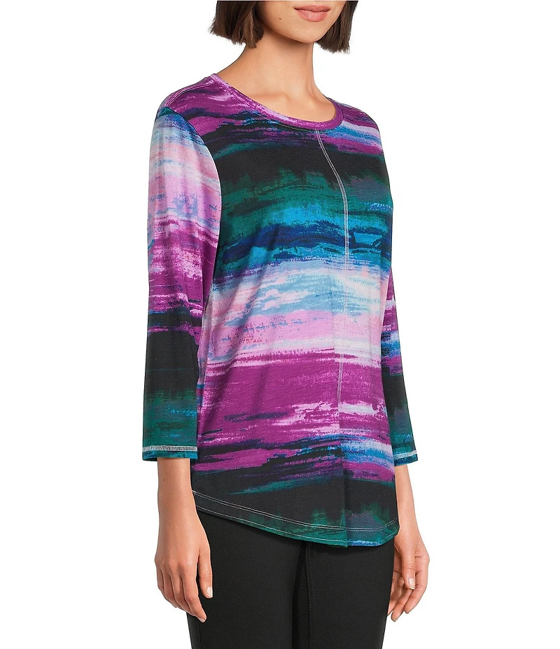 Westbound Petite Size Celestial Imperial Harbor Sunset 3/4 Sleeve Crew Neck Knit Top