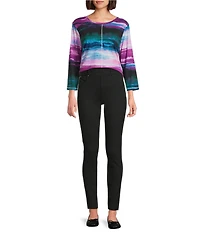 Westbound Petite Size Celestial Imperial Harbor Sunset 3/4 Sleeve Crew Neck Knit Top