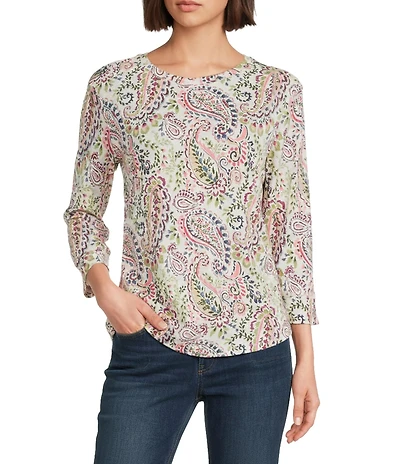 Westbound Petite Size Cottage Paisley 3/4 Sleeve Knit Crew Neck Top