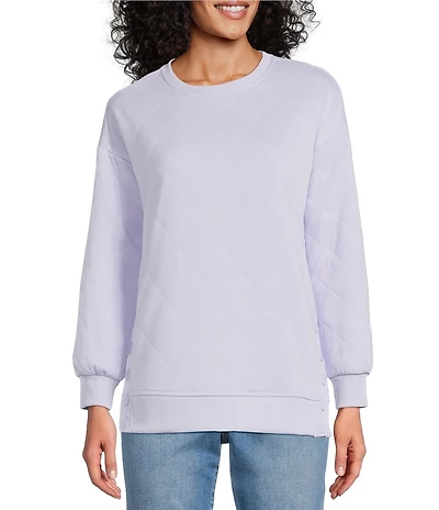 Westbound Petite Size Crew Neck Button Detail Long Sleeve Quilted Pullover
