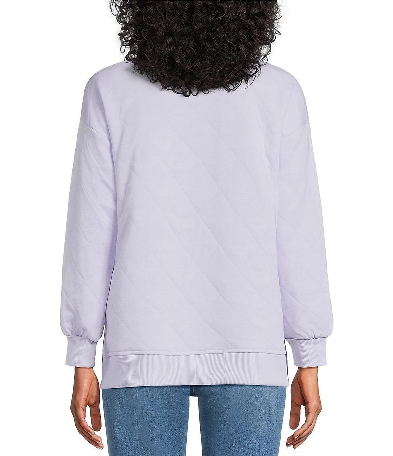 Westbound Petite Size Crew Neck Button Detail Long Sleeve Quilted Pullover