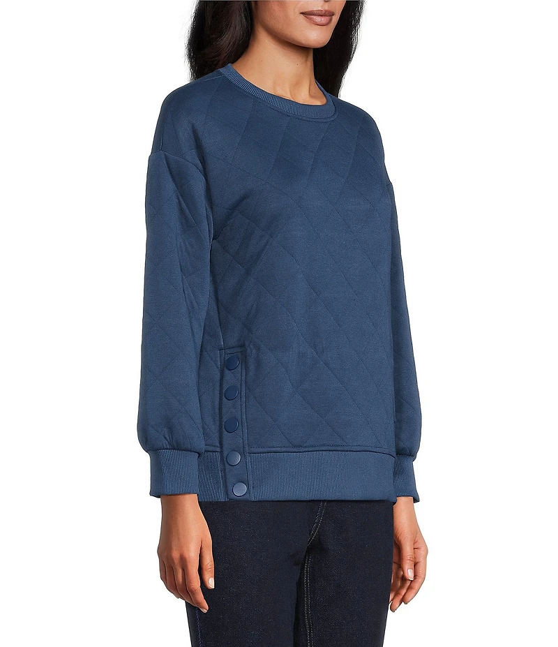 Westbound Petite Size Crew Neck Button Detail Long Sleeve Quilted Pullover