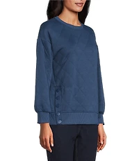 Westbound Petite Size Crew Neck Button Detail Long Sleeve Quilted Pullover