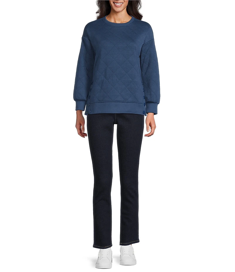 Westbound Petite Size Crew Neck Button Detail Long Sleeve Quilted Pullover