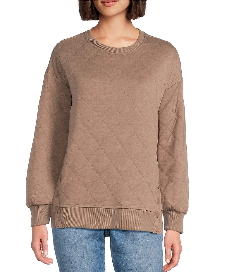 Westbound Petite Size Crew Neck Button Detail Long Sleeve Quilted Pullover