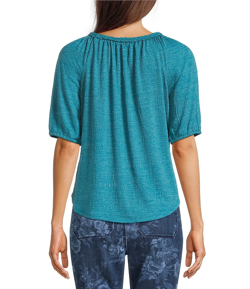 Westbound Petite Size Solid Braided Elbow Sleeve Crew Neck Knit Top