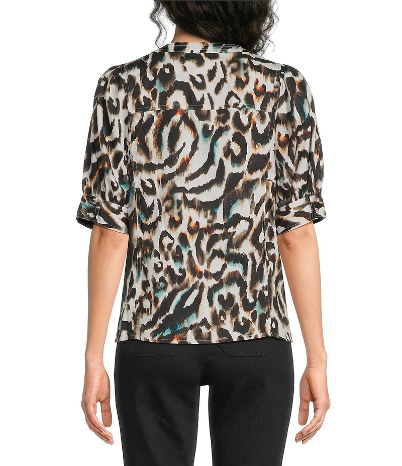 Westbound Petite Size Elbow Sleeve Y-Neck Button Front Top