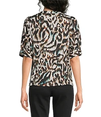 Westbound Petite Size Elbow Sleeve Y-Neck Button Front Top