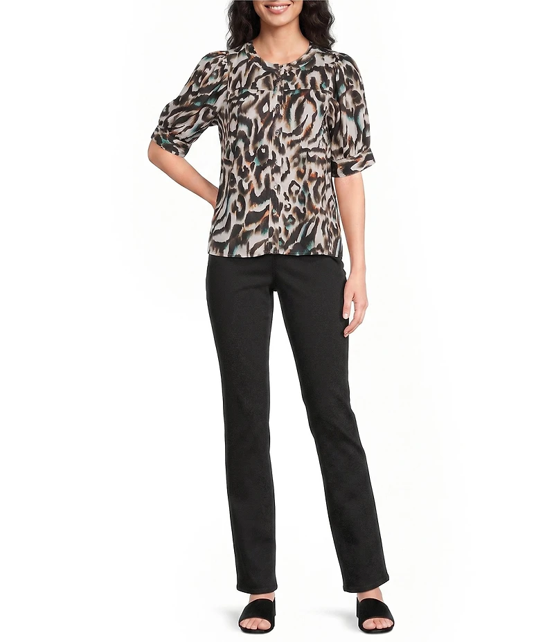Westbound Petite Size Elbow Sleeve Y-Neck Button Front Top