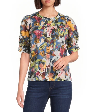 Westbound Petite Size Elbow Sleeve Y-Neck Button Front Top