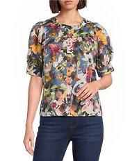 Westbound Petite Size Elbow Sleeve Y-Neck Button Front Top