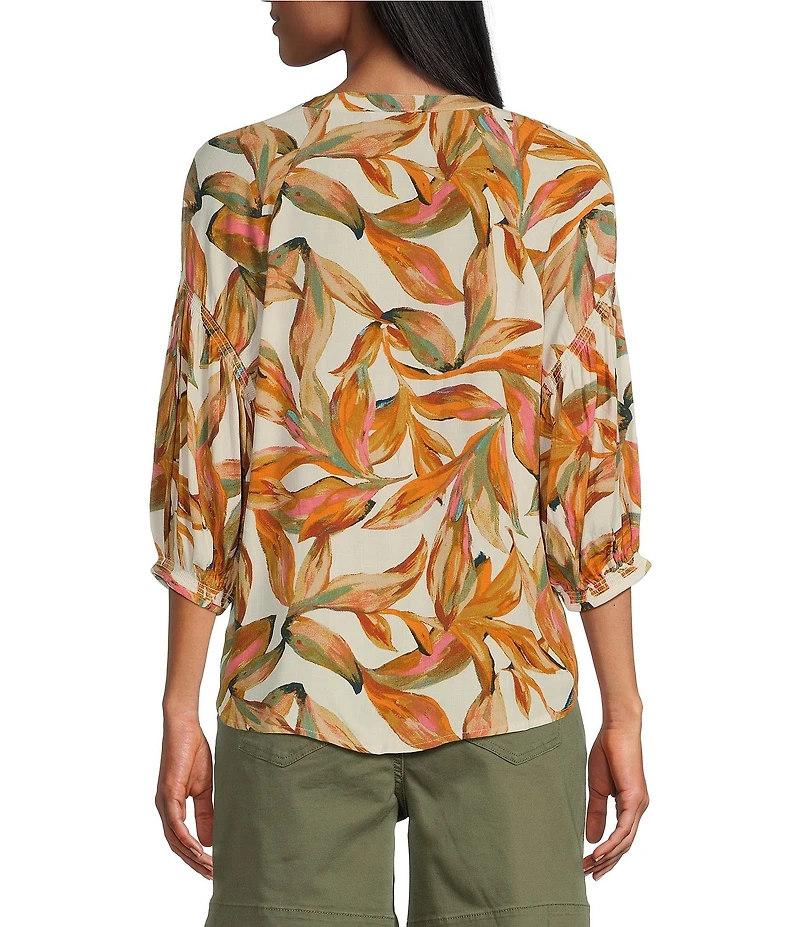 Westbound Petite Size Floral Elbow Puff Sleeve Partial Button Front Top