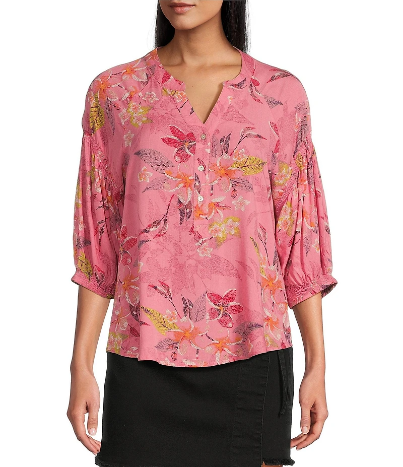Westbound Petite Size Floral Elbow Puff Sleeve Partial Button Front Top