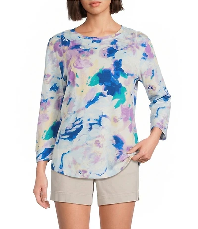 Westbound Petite Size Floral Print 3/4 Sleeve Knit Crew Neck Top