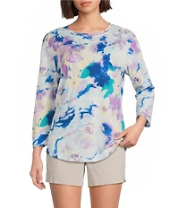 Westbound Petite Size Floral Print 3/4 Sleeve Knit Crew Neck Top