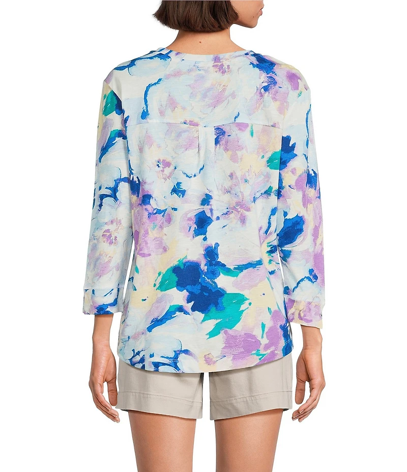 Westbound Petite Size Floral Print 3/4 Sleeve Knit Crew Neck Top