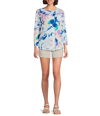 Westbound Petite Size Floral Print 3/4 Sleeve Knit Crew Neck Top