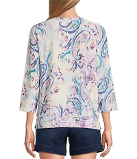 Westbound Petite Size Hazy Paisley Knit 3/4 Sleeve Crew Neck Ribbed Detail Multi Print Top