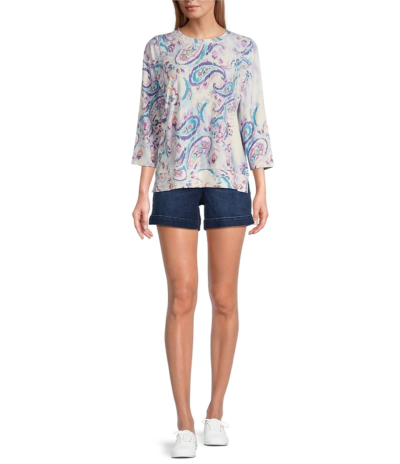 Westbound Petite Size Hazy Paisley Knit 3/4 Sleeve Crew Neck Ribbed Detail Multi Print Top