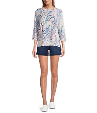 Westbound Petite Size Hazy Paisley Knit 3/4 Sleeve Crew Neck Ribbed Detail Multi Print Top